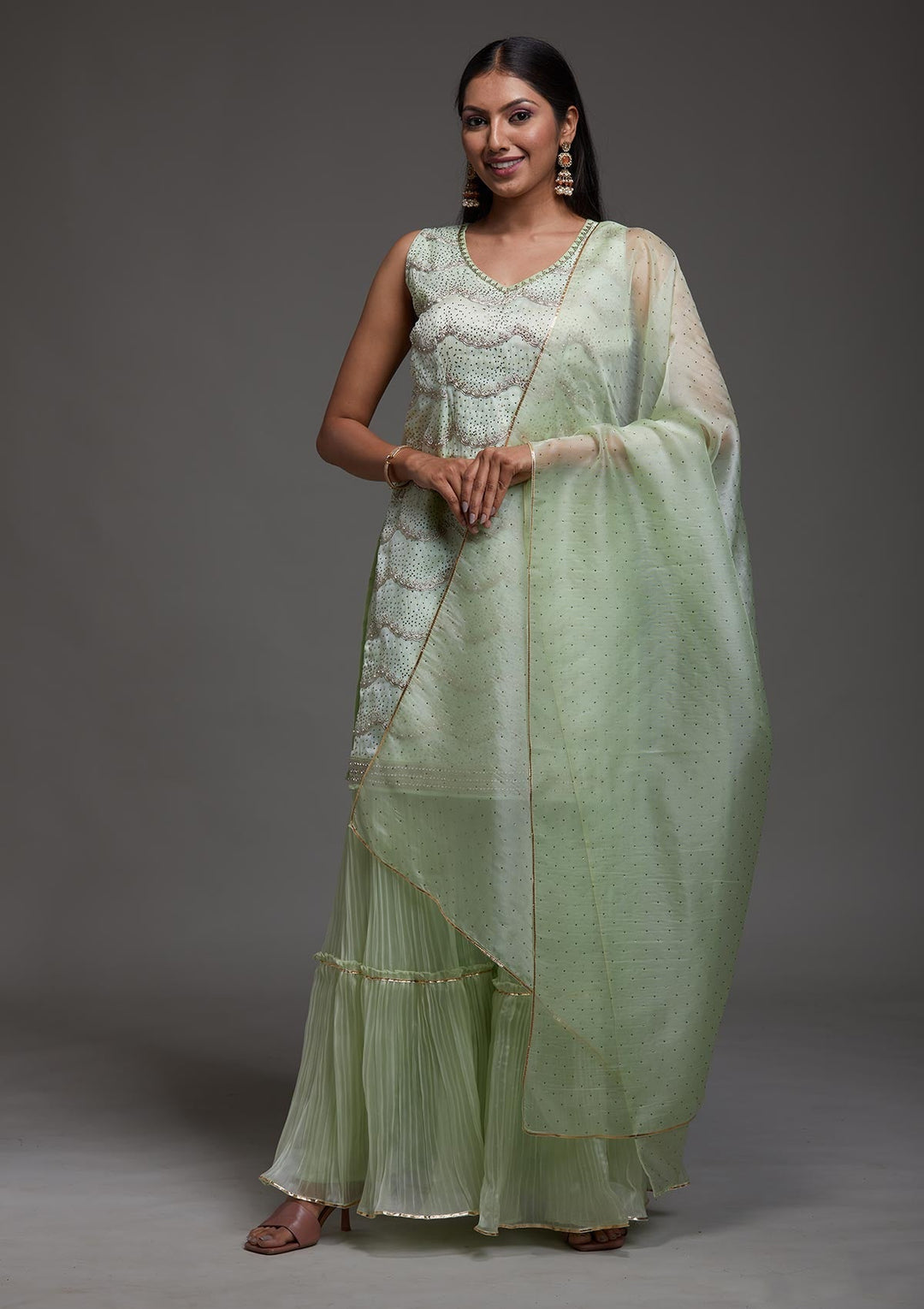 Pista Green Stonework Organza Designer Salwar Suit-Koskii