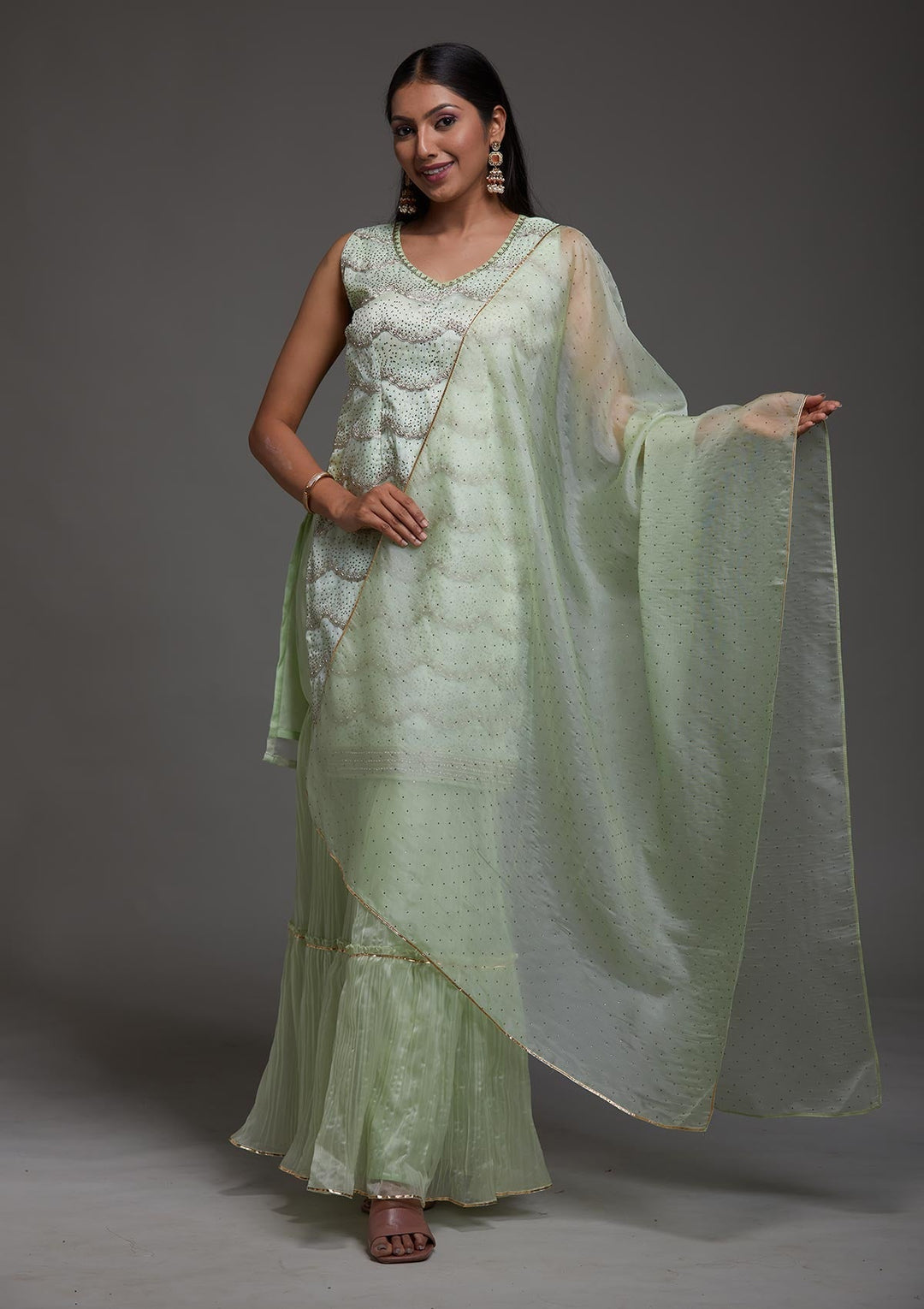 Pista Green Stonework Organza Designer Salwar Suit-Koskii