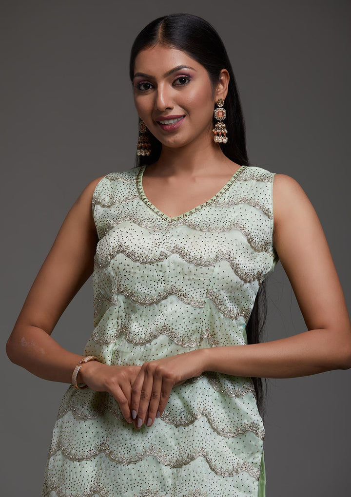 Pista Green Stonework Organza Designer Salwar Suit-Koskii