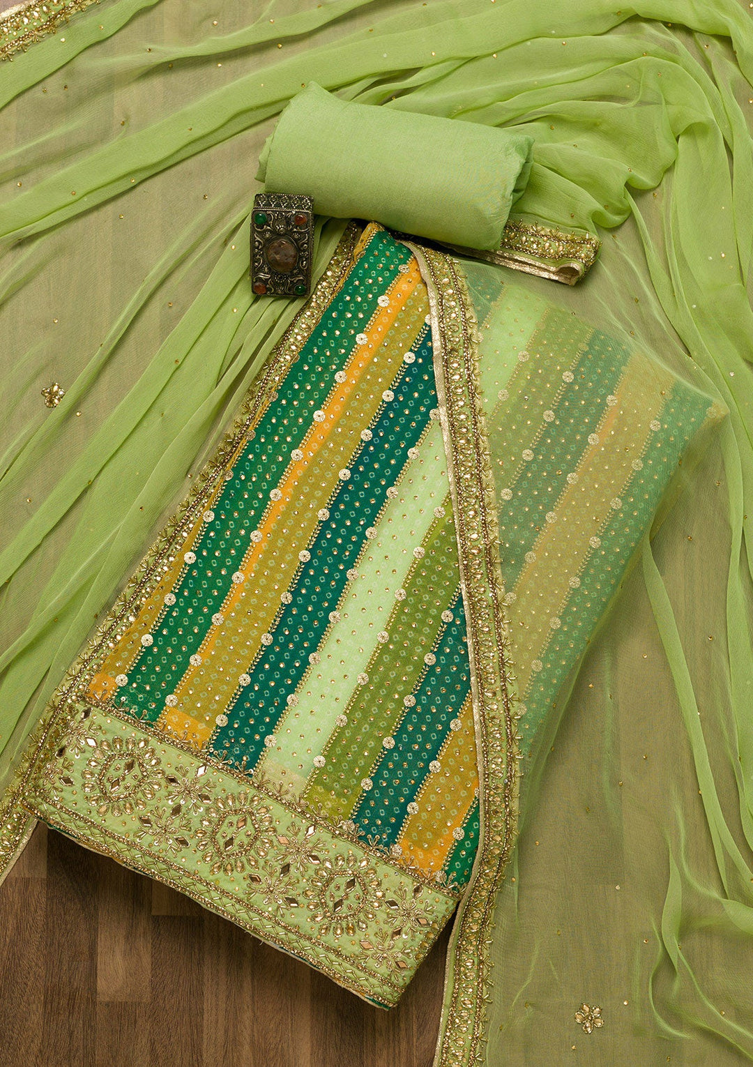 Pista Green Stonework Georgette Unstitched Salwar Suit-Koskii