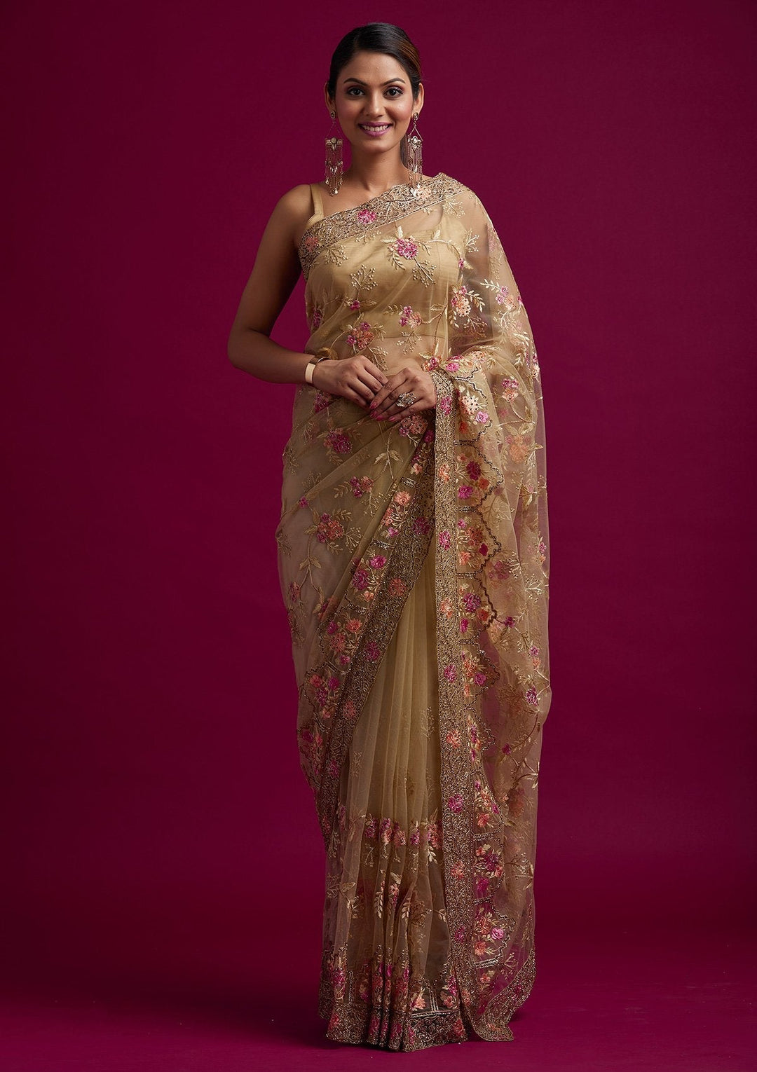 Pista Green Stonework Net Designer Saree - koskii