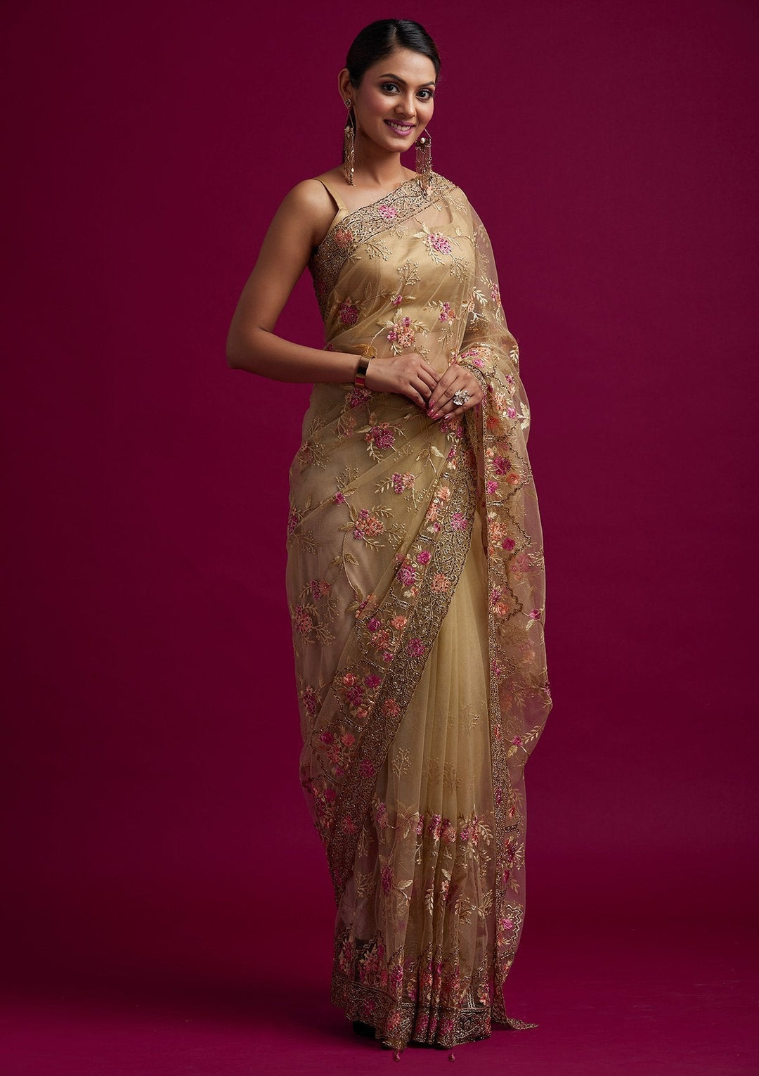 Pista Green Stonework Net Designer Saree - koskii