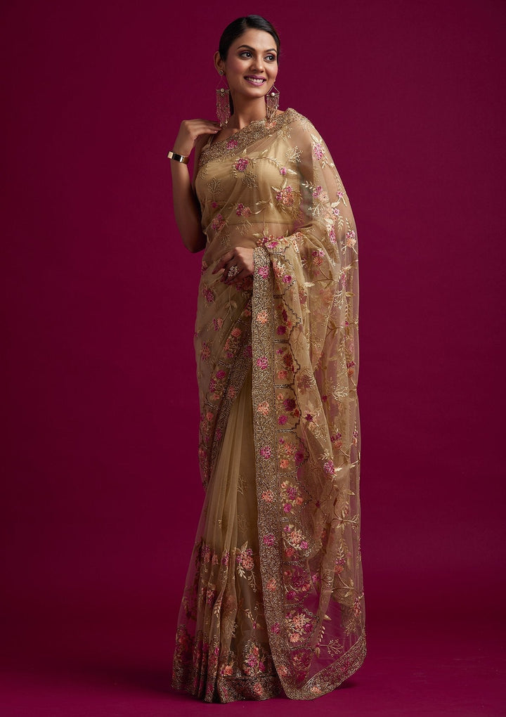 Pista Green Stonework Net Designer Saree - koskii