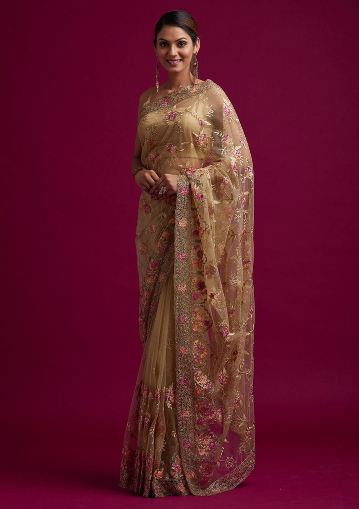 Pista Green Stonework Net Designer Saree - koskii
