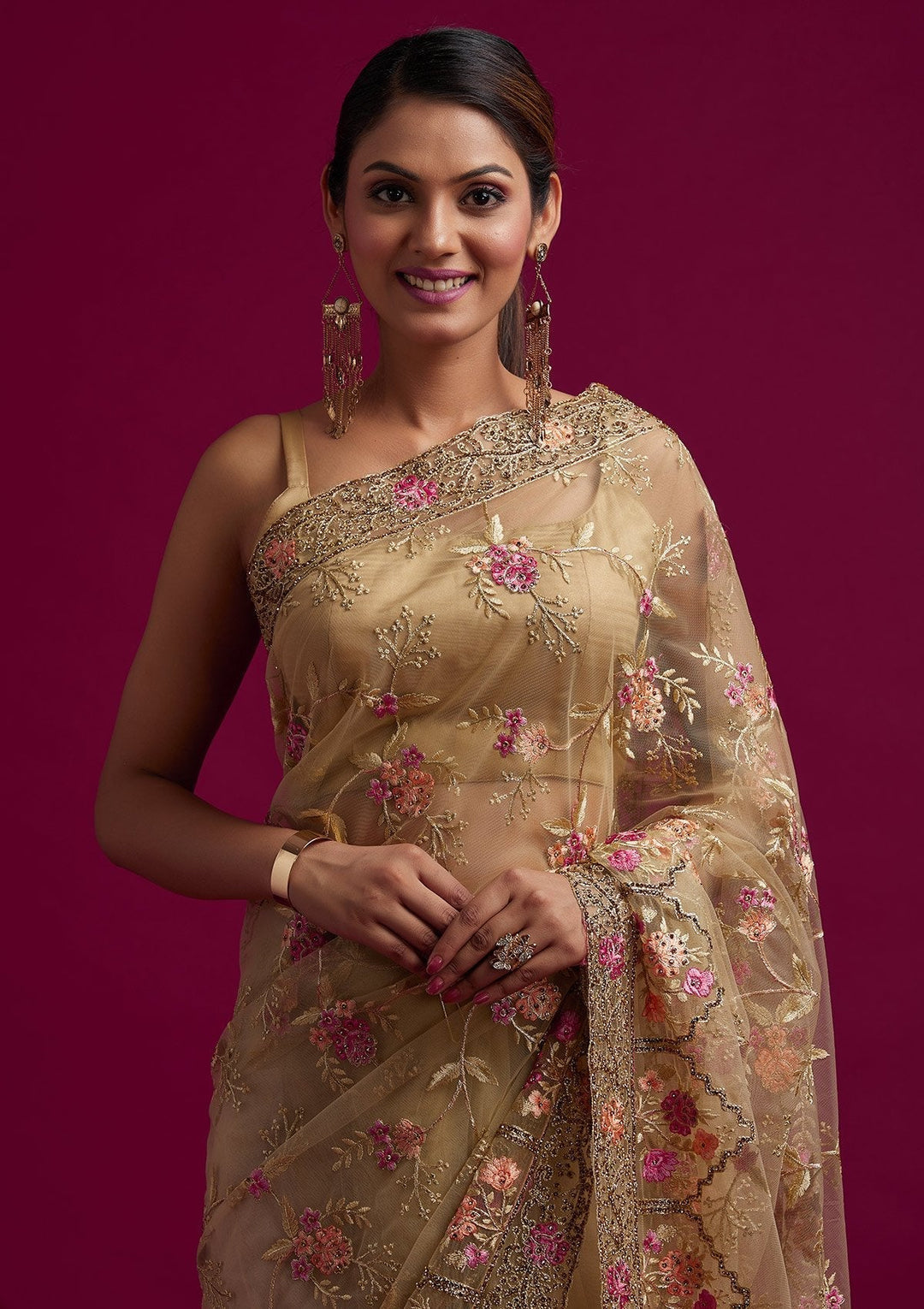 Pista Green Stonework Net Designer Saree - koskii