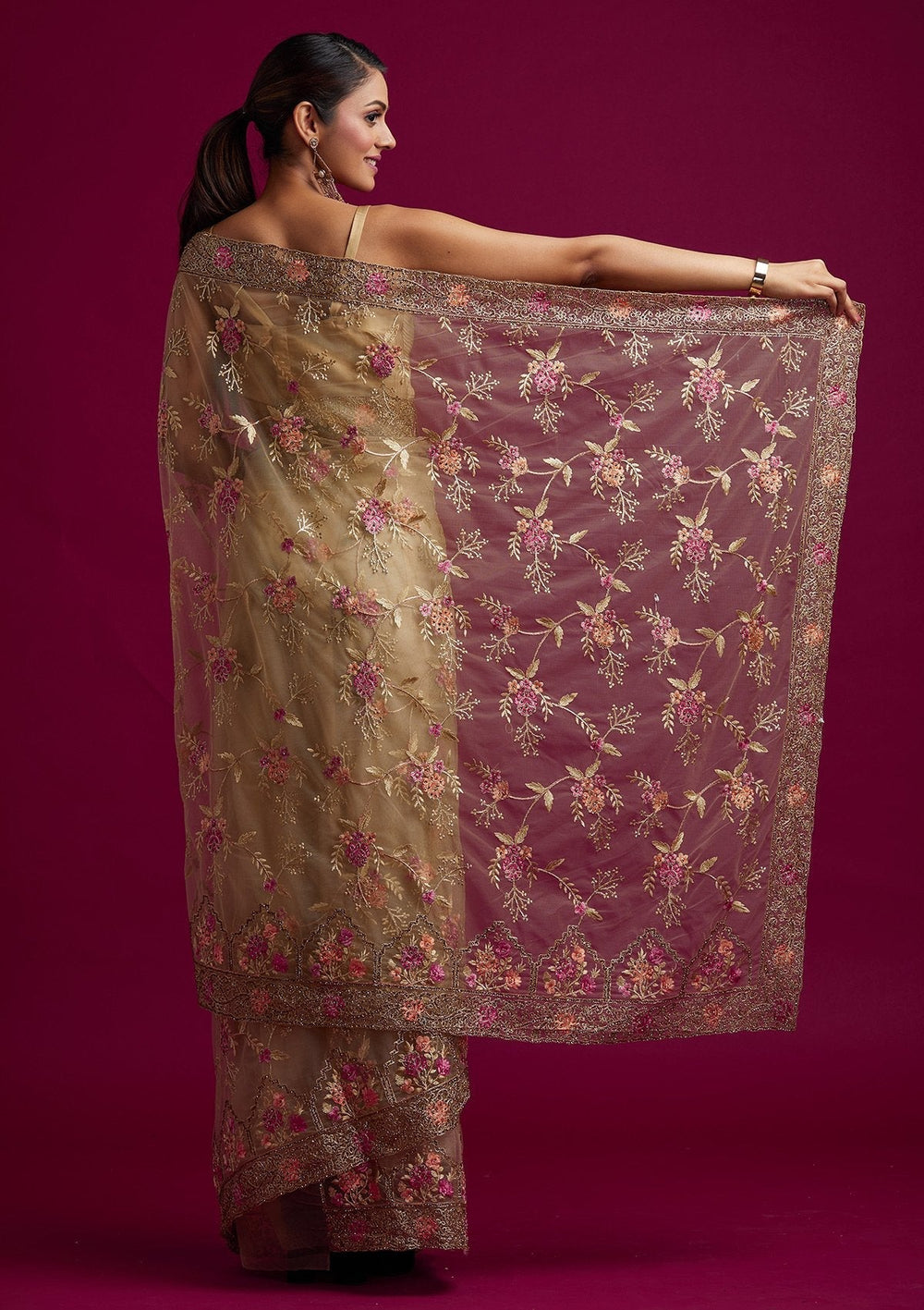 Pista Green Stonework Net Designer Saree - koskii