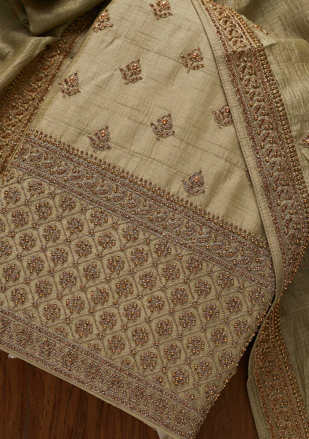 Pista Green Stonework Raw Silk Designer Unstitched Salwar Suit - koskii