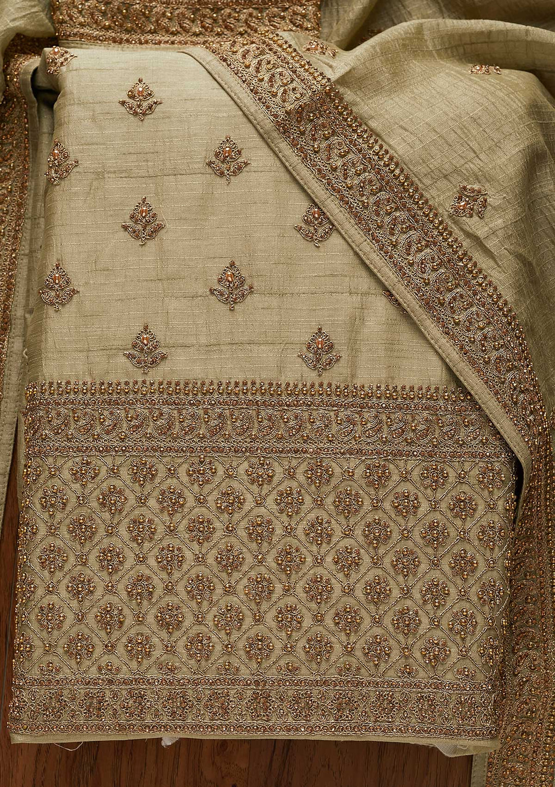 Pista Green Stonework Raw Silk Designer Unstitched Salwar Suit - koskii