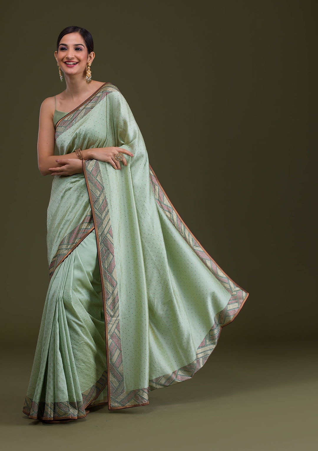 Pista Green Stonework Satin Saree-Koskii