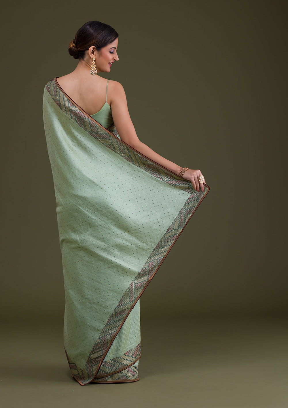 Pista Green Stonework Satin Saree-Koskii