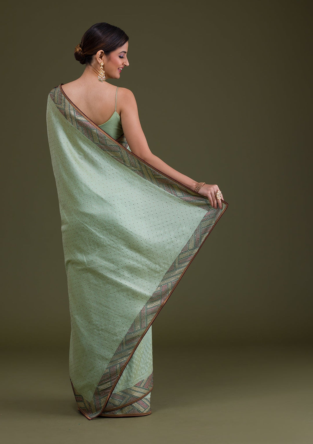 Pista Green Stonework Satin Saree-Koskii