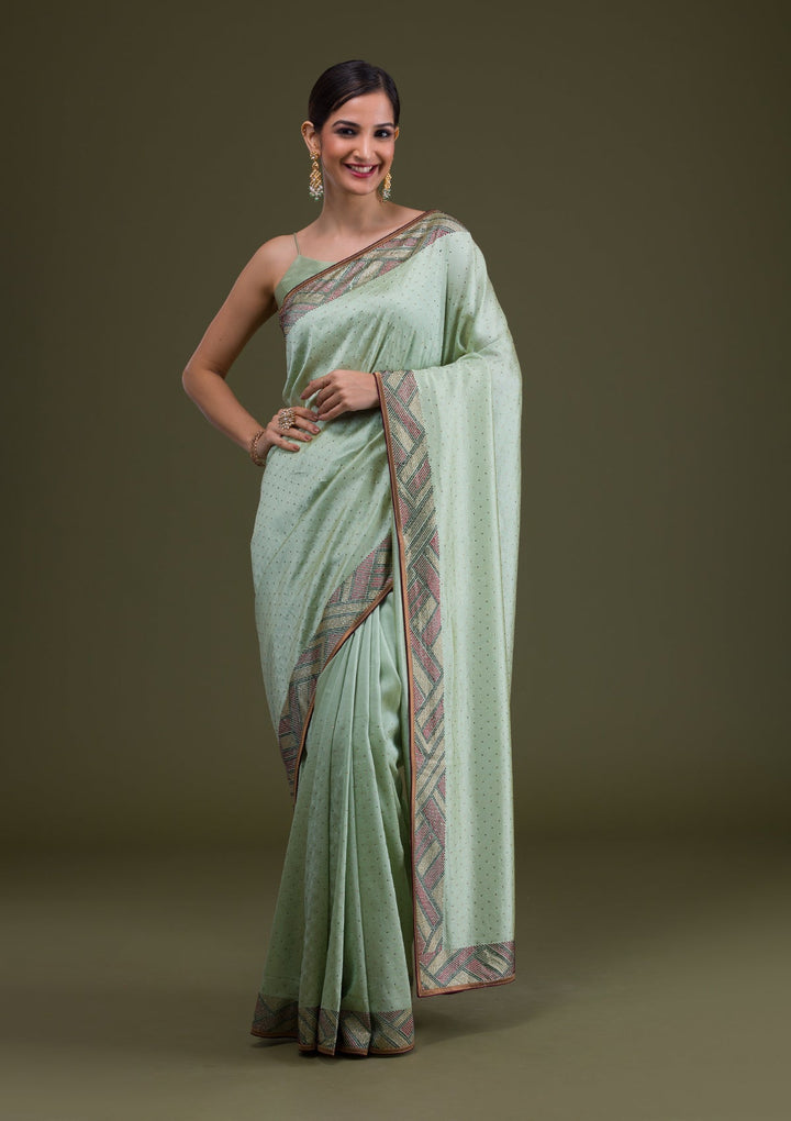 Pista Green Stonework Satin Saree-Koskii