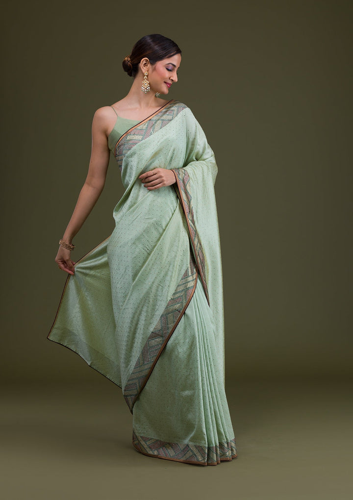 Pista Green Stonework Satin Saree-Koskii