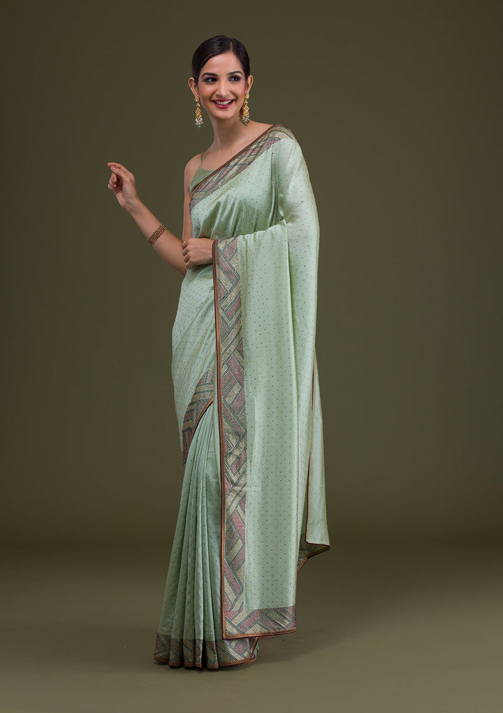 Pista Green Stonework Satin Saree-Koskii