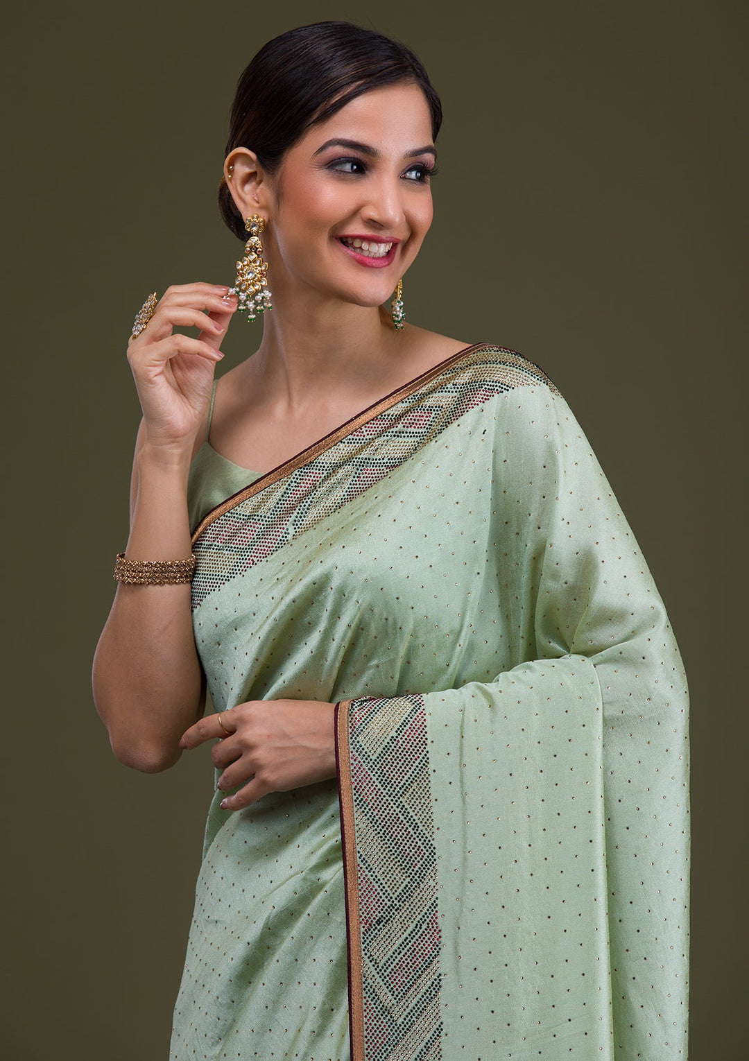 Pista Green Stonework Satin Saree-Koskii