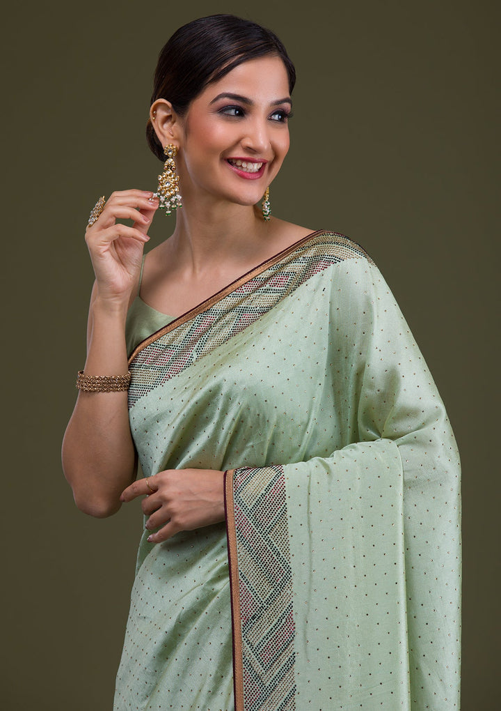 Pista Green Stonework Satin Saree-Koskii