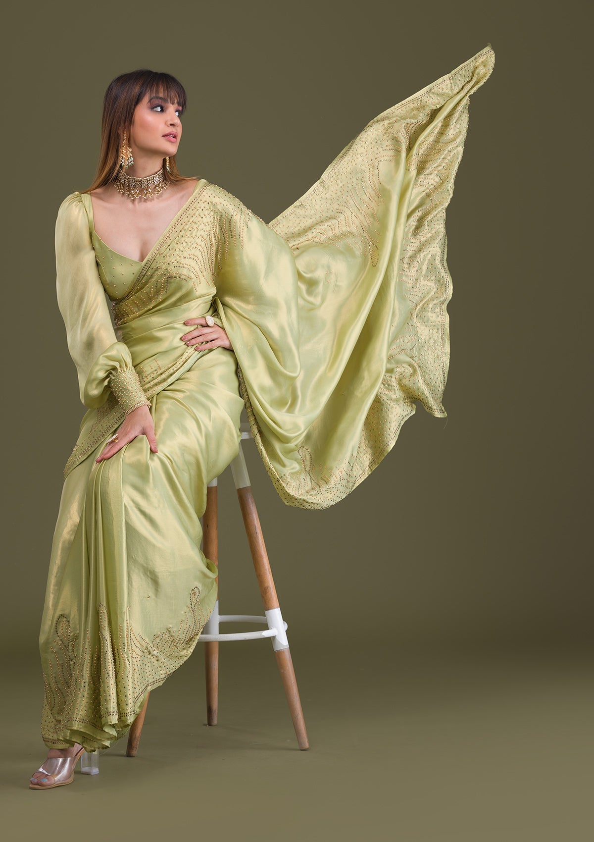 Pista Green Stonework Satin Saree-Koskii