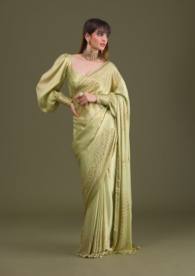 Pista Green Stonework Satin Saree-Koskii