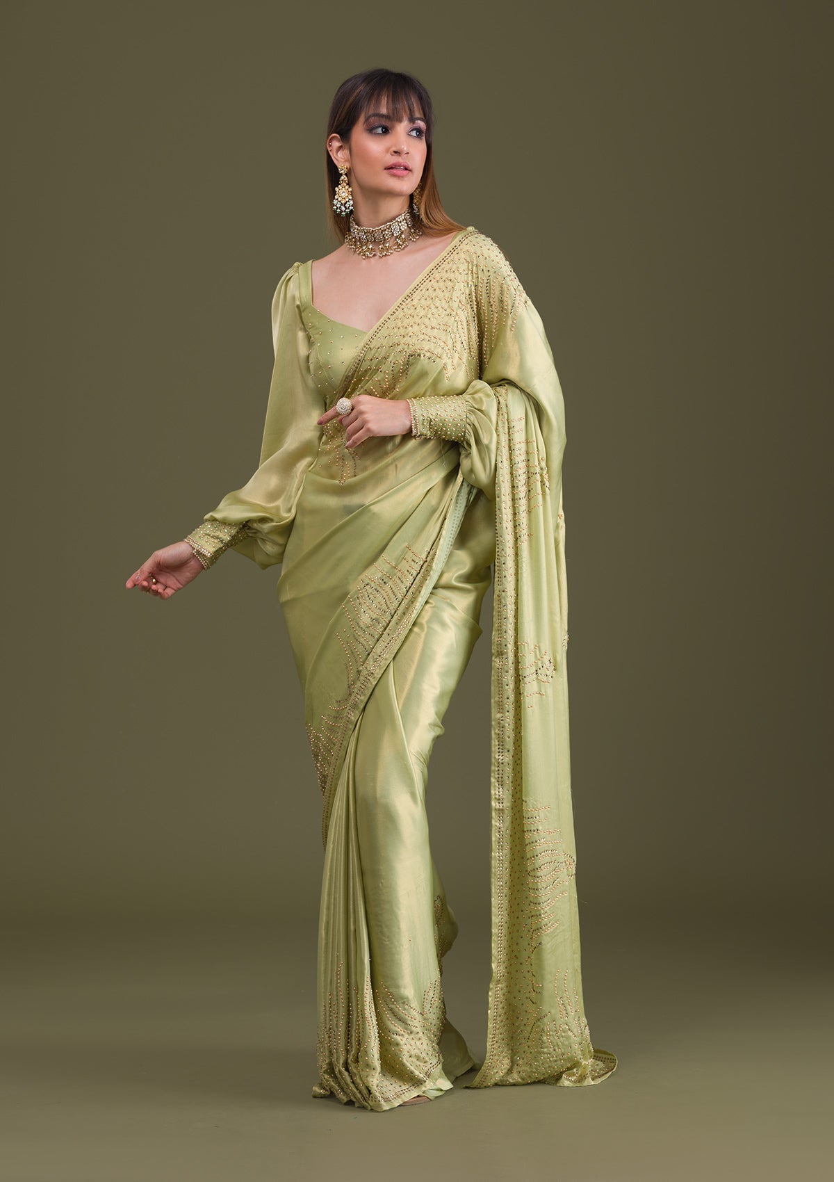 Pista Green Stonework Satin Saree-Koskii