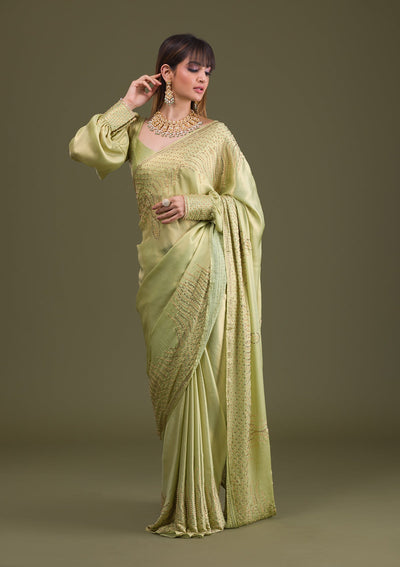 Pista Green Stonework Satin Saree-Koskii