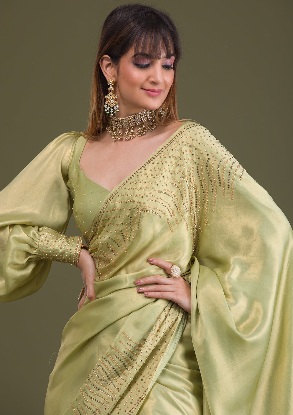 Pista Green Stonework Satin Saree-Koskii