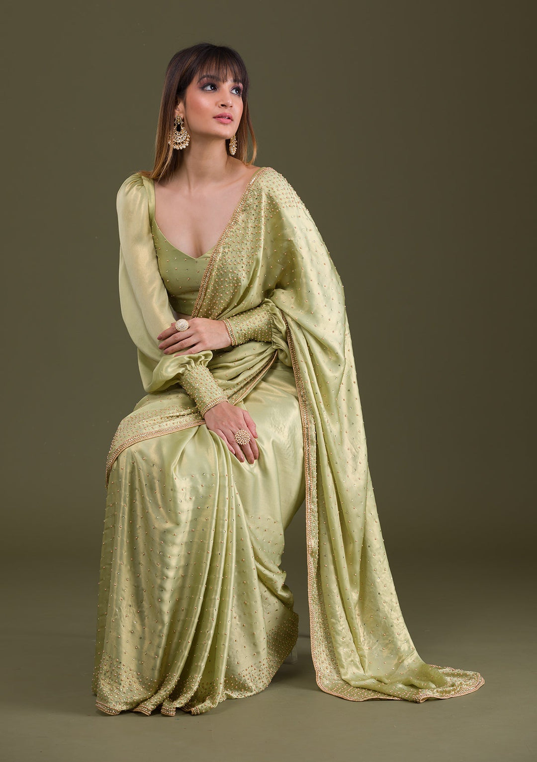 Pista Green Stonework Satin Saree-Koskii