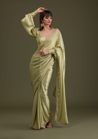 Pista Green Stonework Satin Saree-Koskii