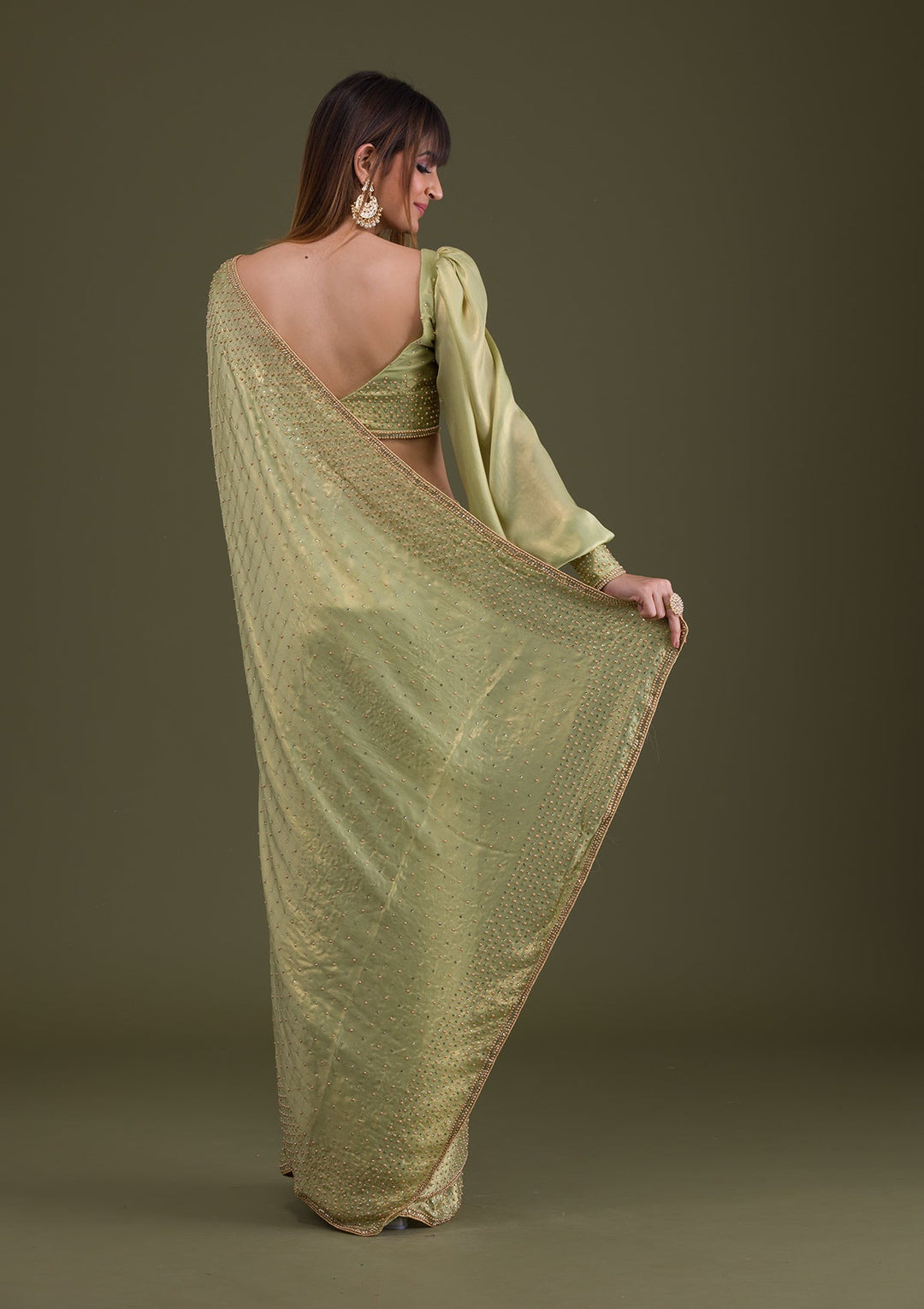 Pista Green Stonework Satin Saree-Koskii