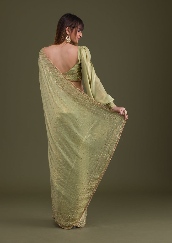 Pista Green Stonework Satin Saree-Koskii