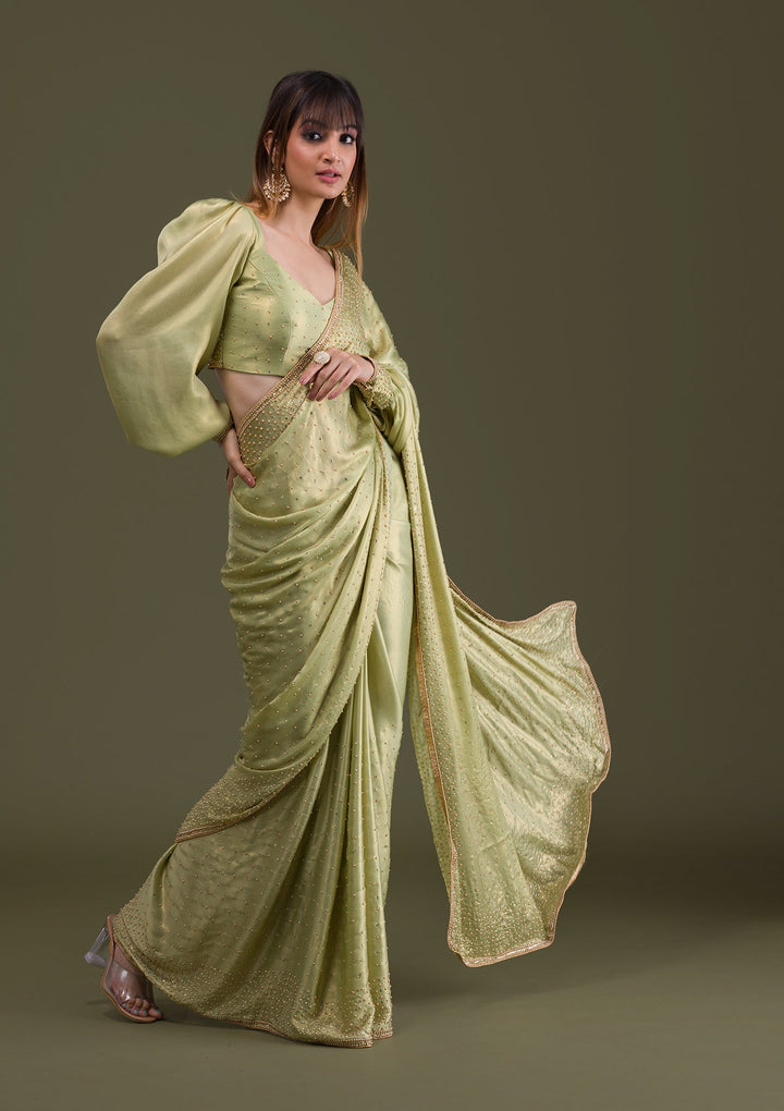 Pista Green Stonework Satin Saree-Koskii