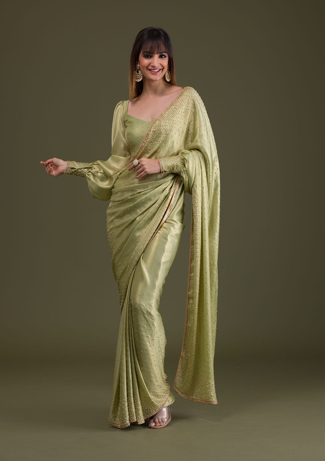 Pista Green Stonework Satin Saree-Koskii