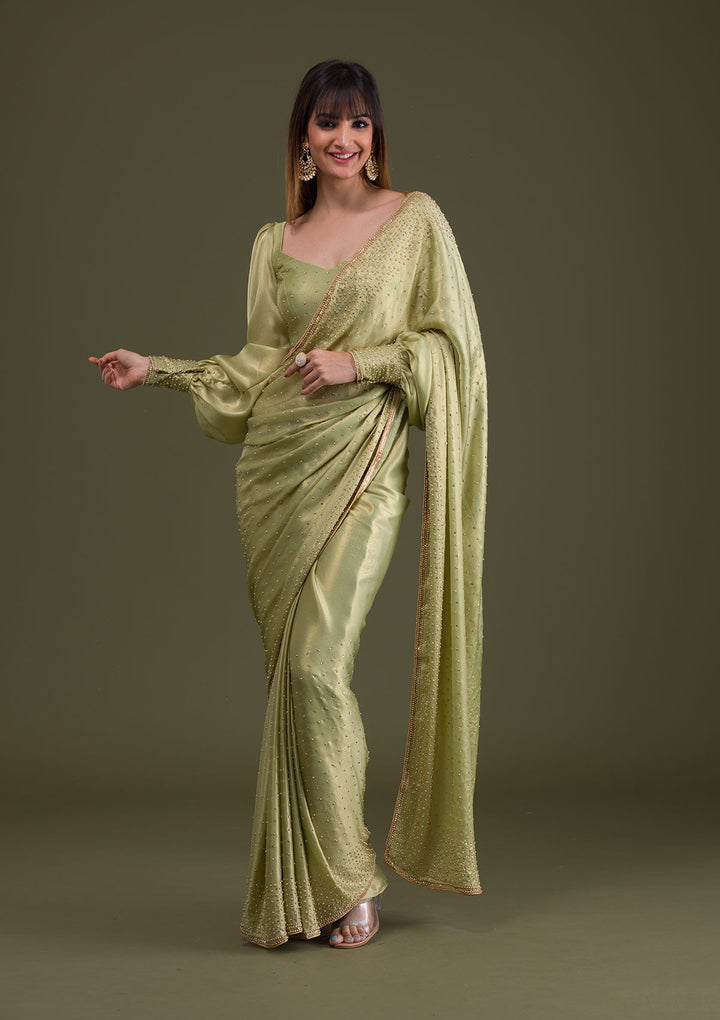 Pista Green Stonework Satin Saree-Koskii