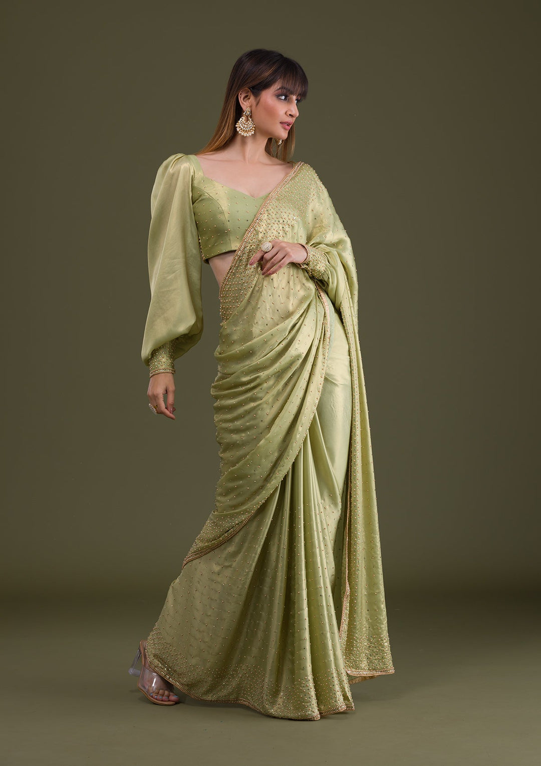 Pista Green Stonework Satin Saree-Koskii