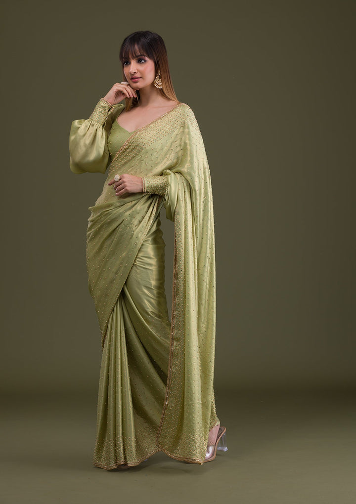 Pista Green Stonework Satin Saree-Koskii