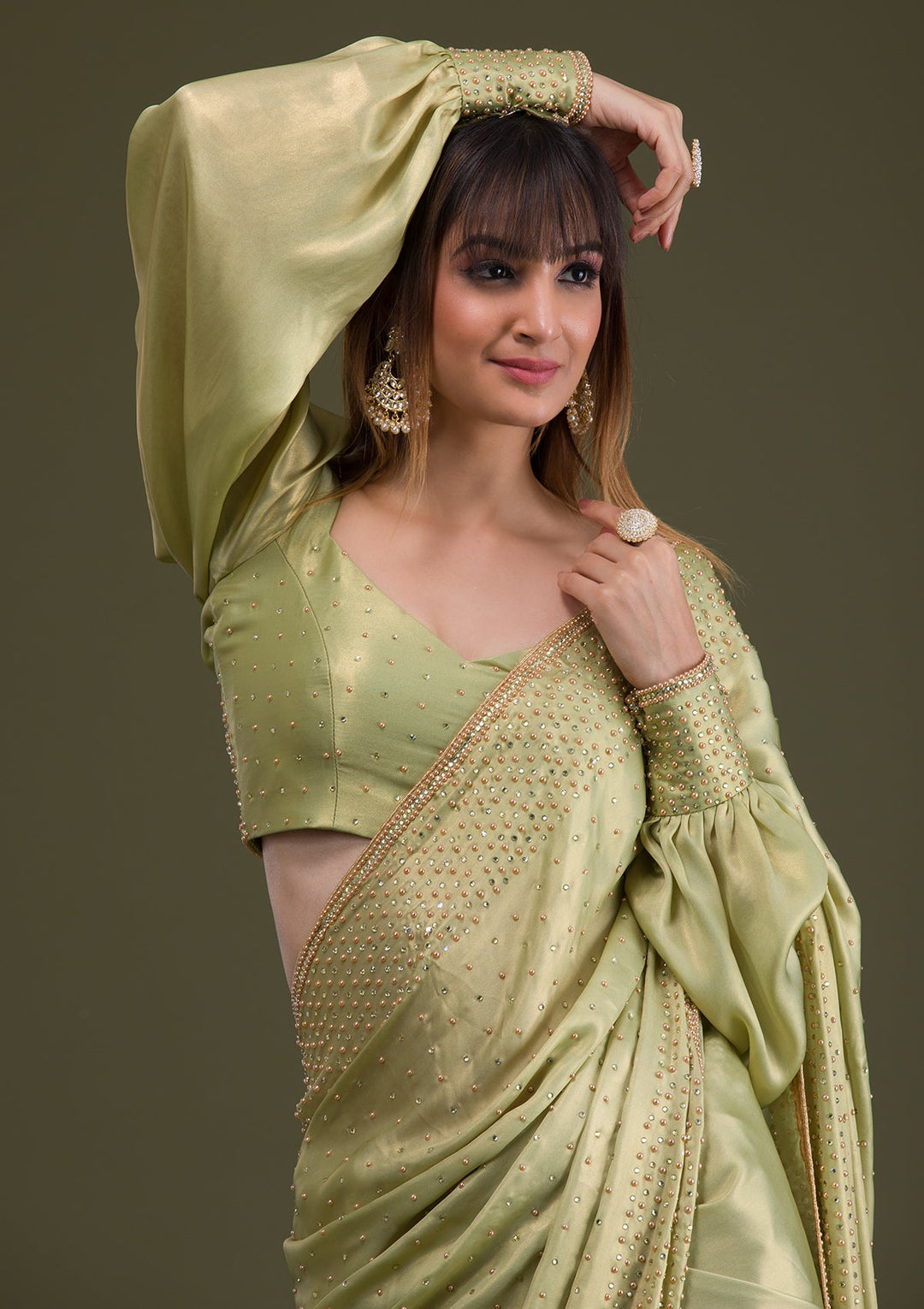 Pista Green Stonework Satin Saree-Koskii