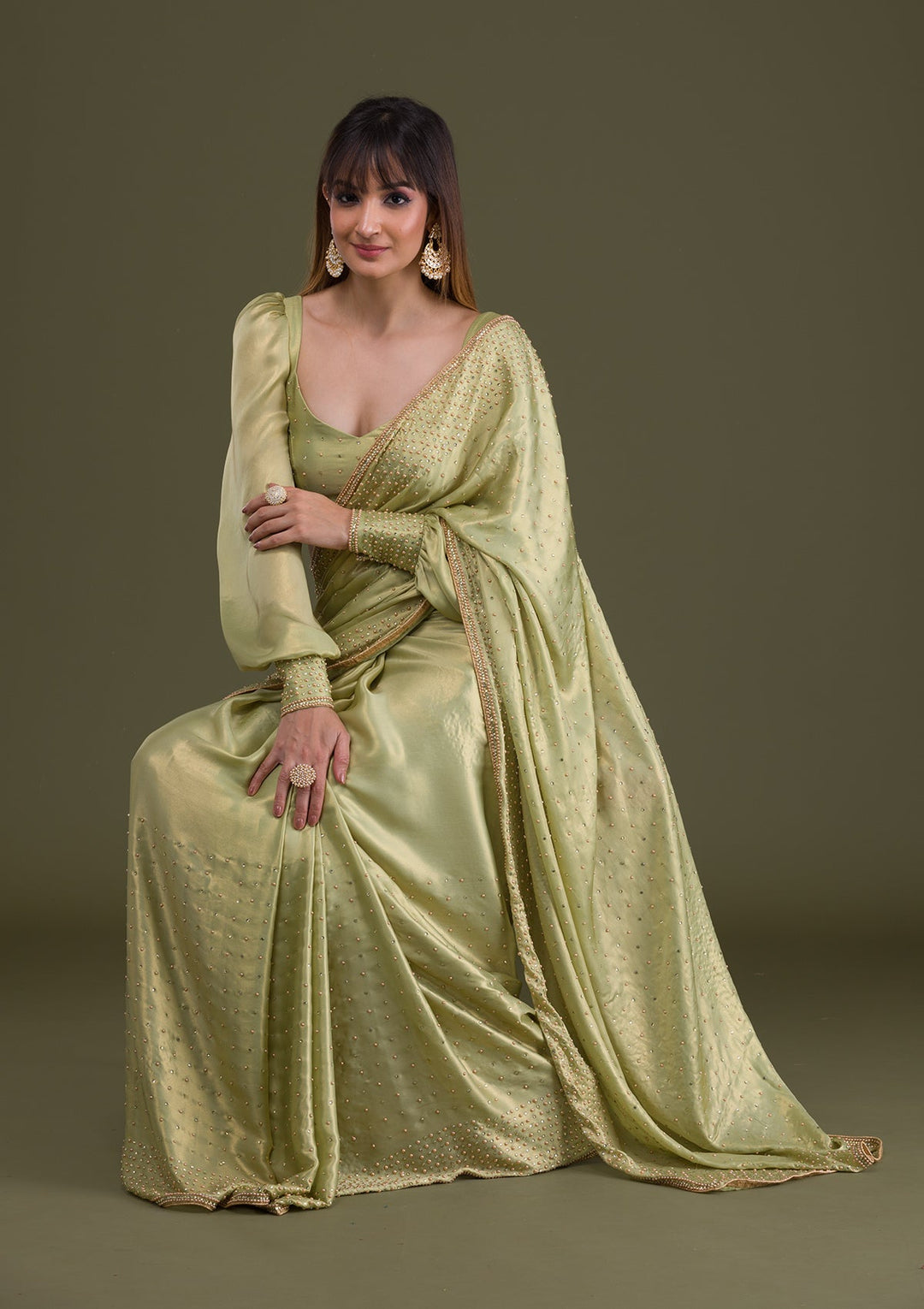 Pista Green Stonework Satin Saree-Koskii
