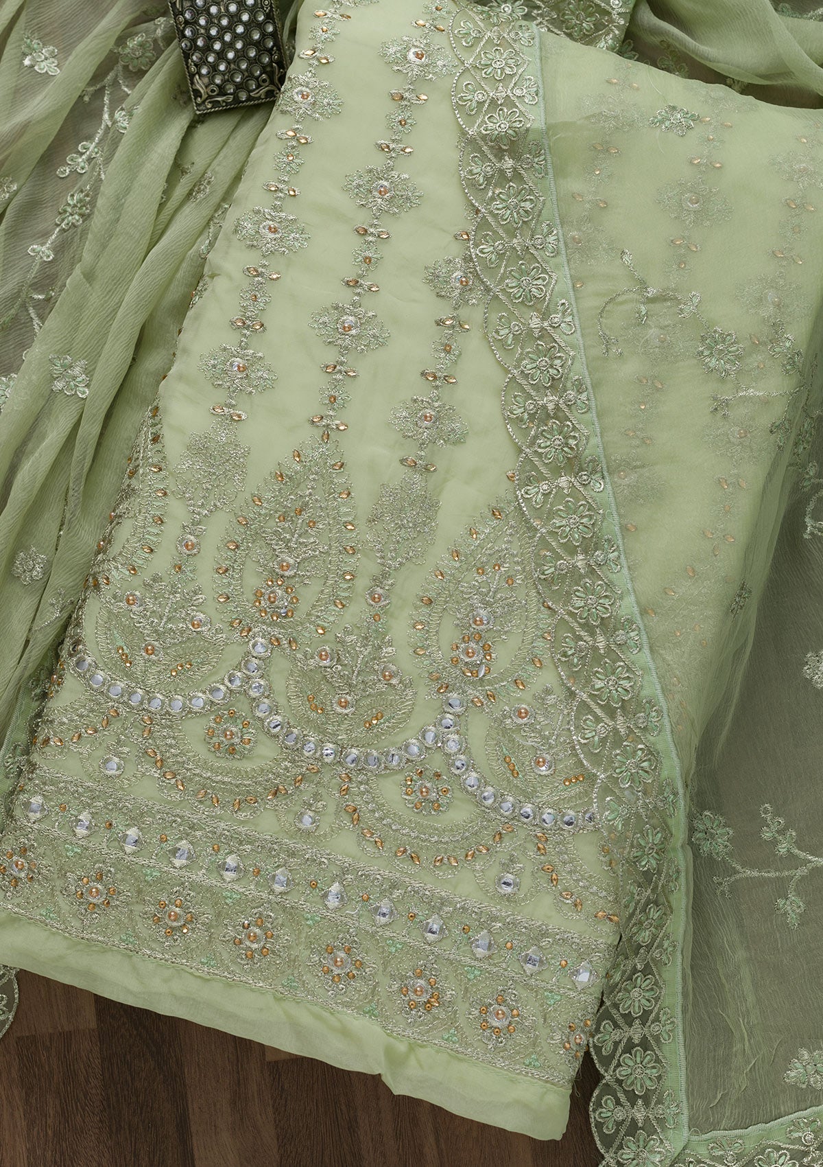 Pista Green Stonework Semi Crepe Unstitched Salwar Suit-Koskii