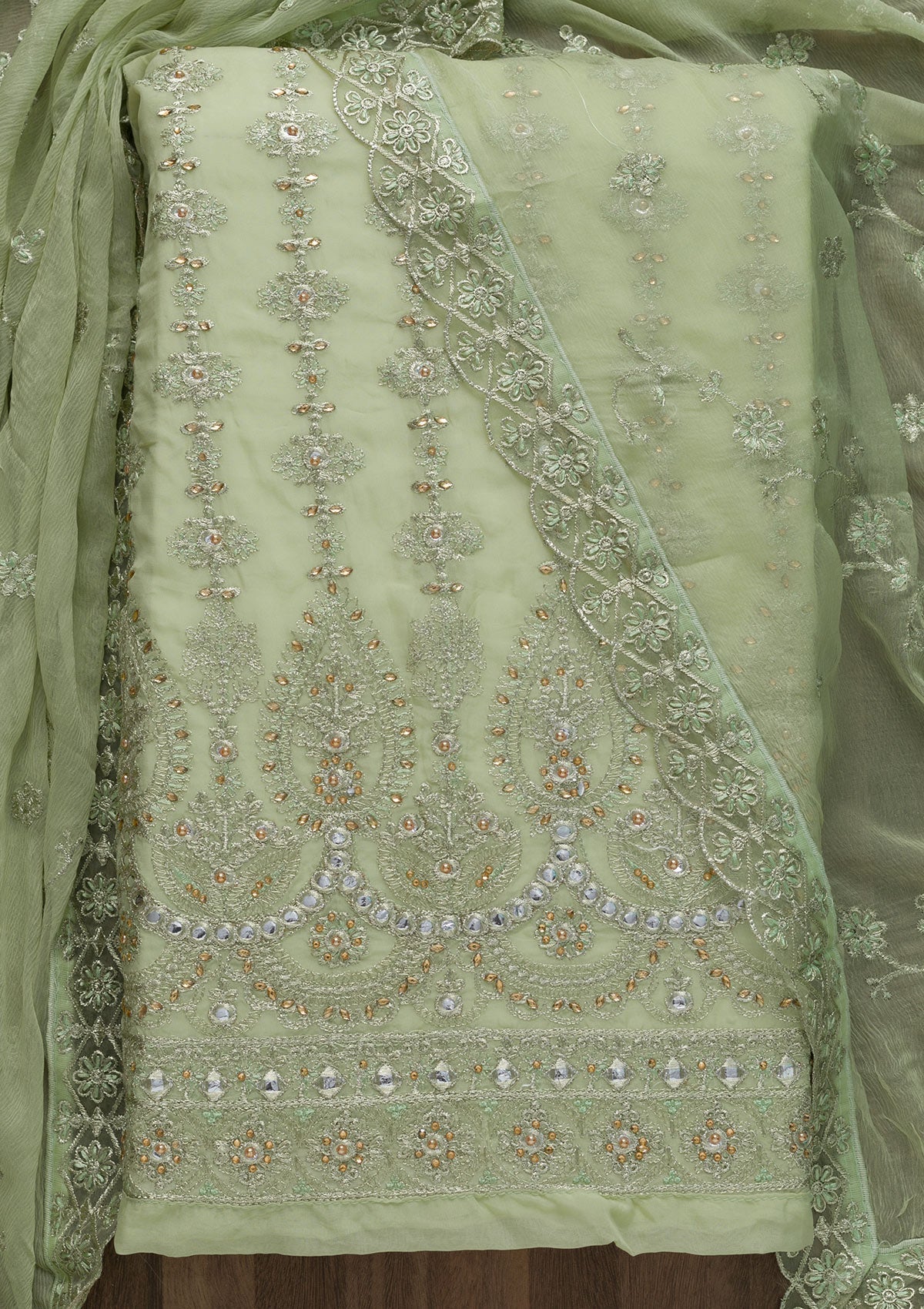 Pista Green Stonework Semi Crepe Unstitched Salwar Suit-Koskii