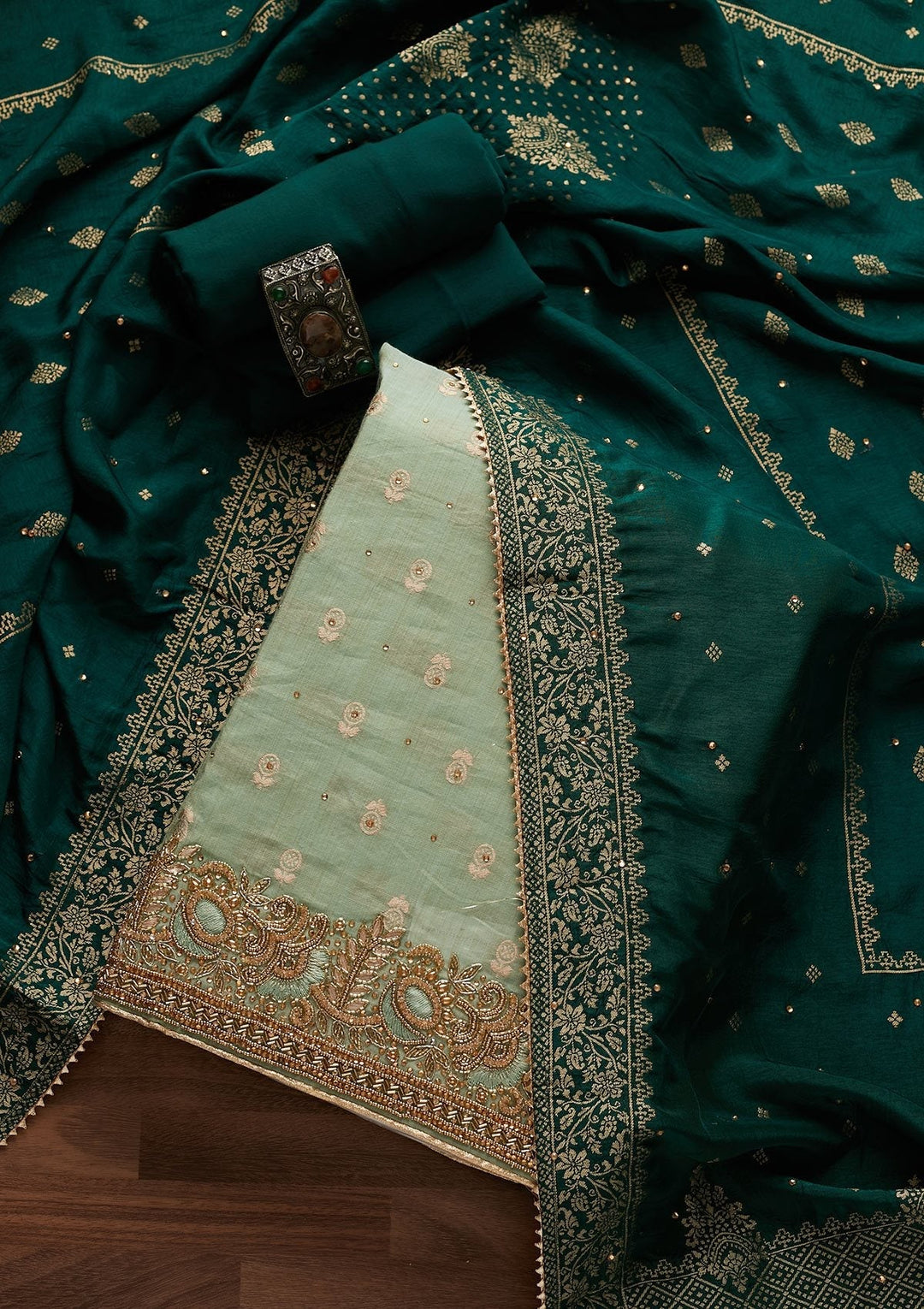 Pista Green Stonework Semi Crepe Designer Unstitched Salwar Suit - Koskii