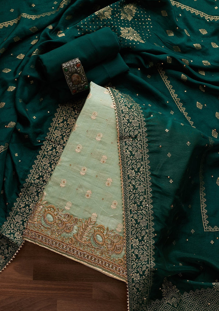 Pista Green Stonework Semi Crepe Designer Unstitched Salwar Suit - Koskii