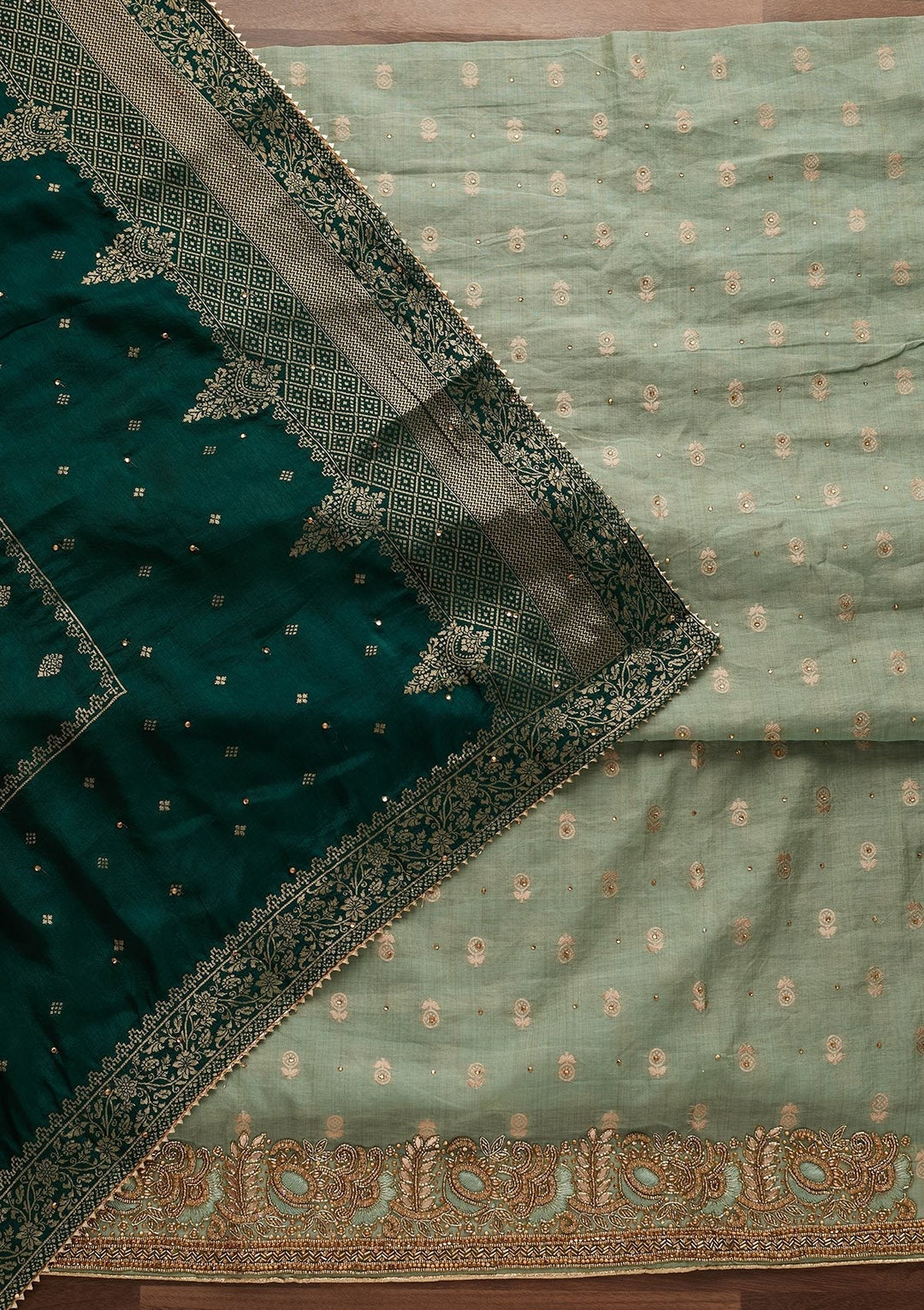 Pista Green Stonework Semi Crepe Designer Unstitched Salwar Suit - Koskii