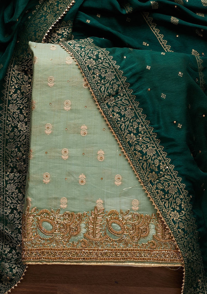 Pista Green Stonework Semi Crepe Designer Unstitched Salwar Suit - Koskii