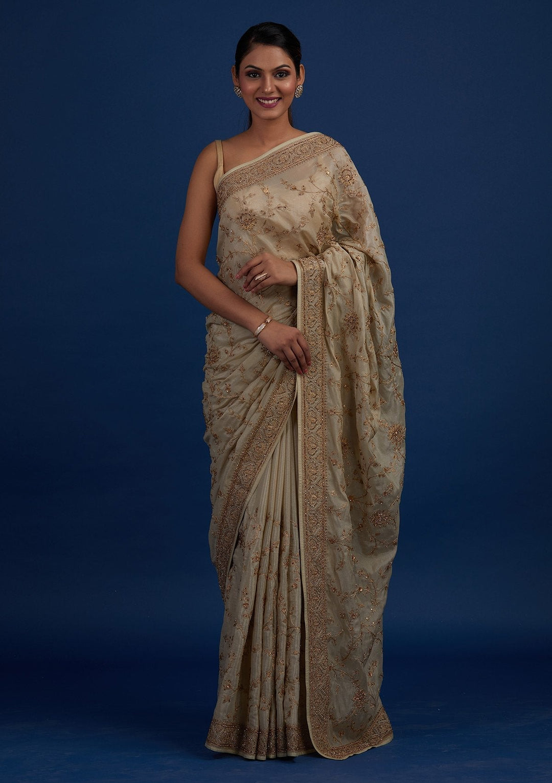 Pista Green Stonework Semi Crepe Designer Saree - Koskii