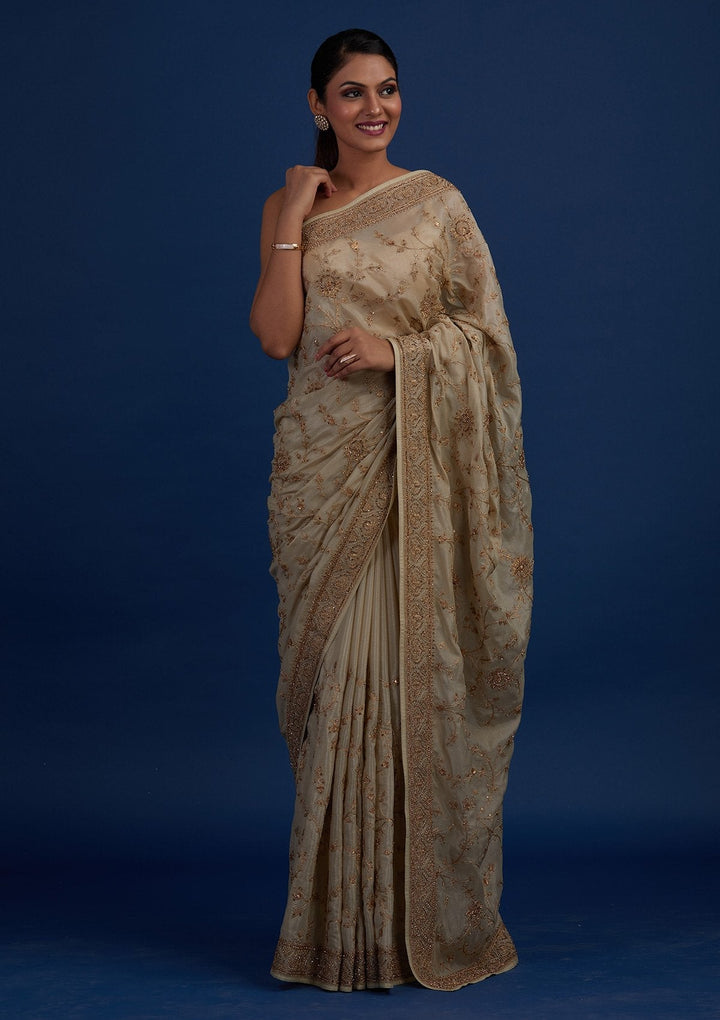 Pista Green Stonework Semi Crepe Designer Saree - Koskii