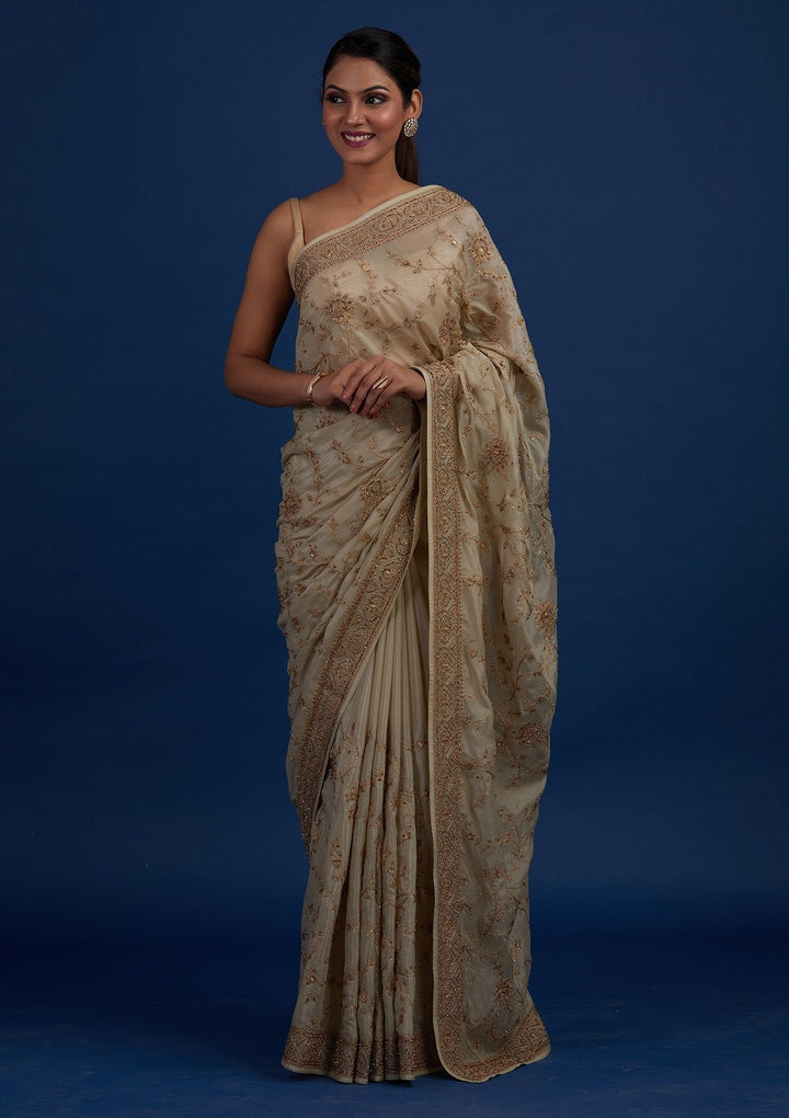 Pista Green Stonework Semi Crepe Designer Saree - Koskii