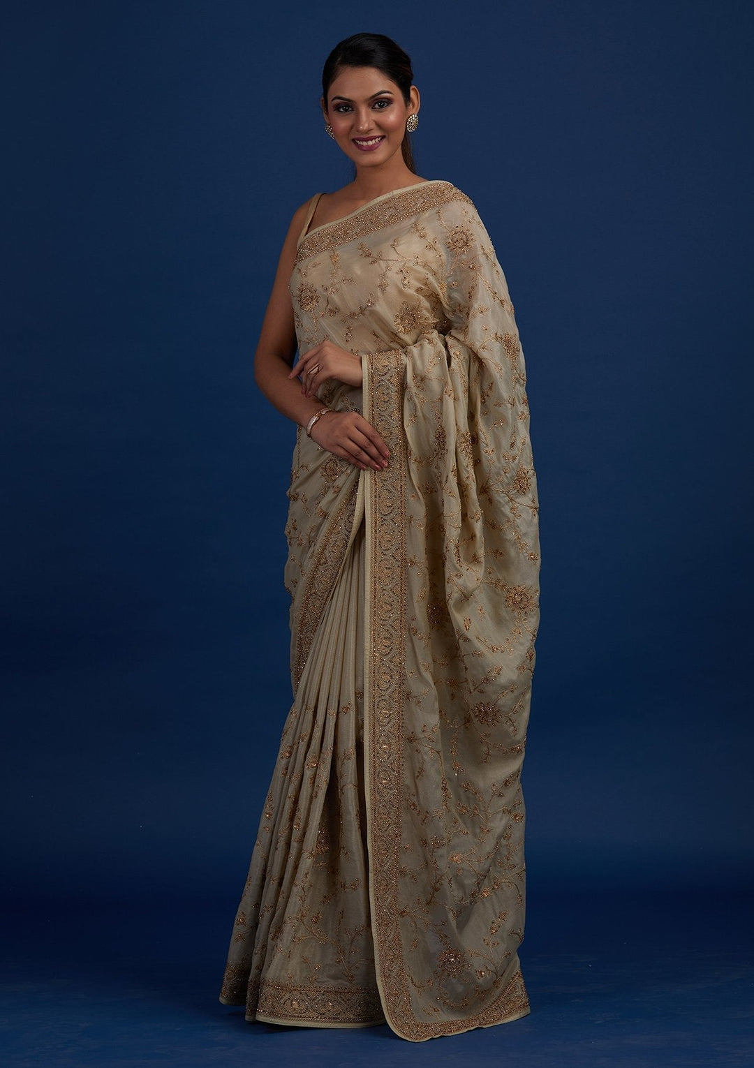 Pista Green Stonework Semi Crepe Designer Saree - Koskii
