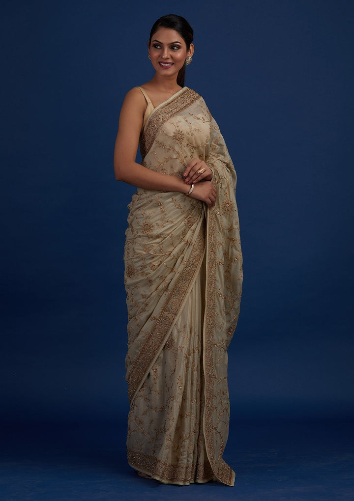 Pista Green Stonework Semi Crepe Designer Saree - Koskii