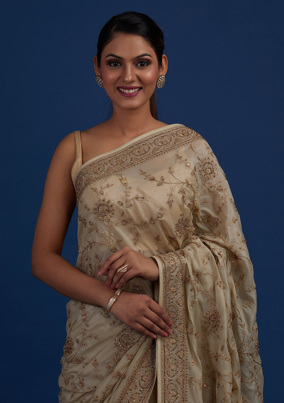 Pista Green Stonework Semi Crepe Designer Saree - Koskii
