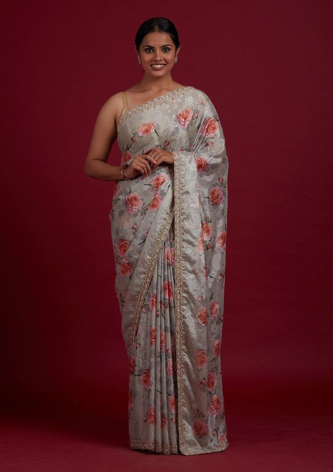 Pista Green Stonework Semi Crepe Designer Saree - Koskii
