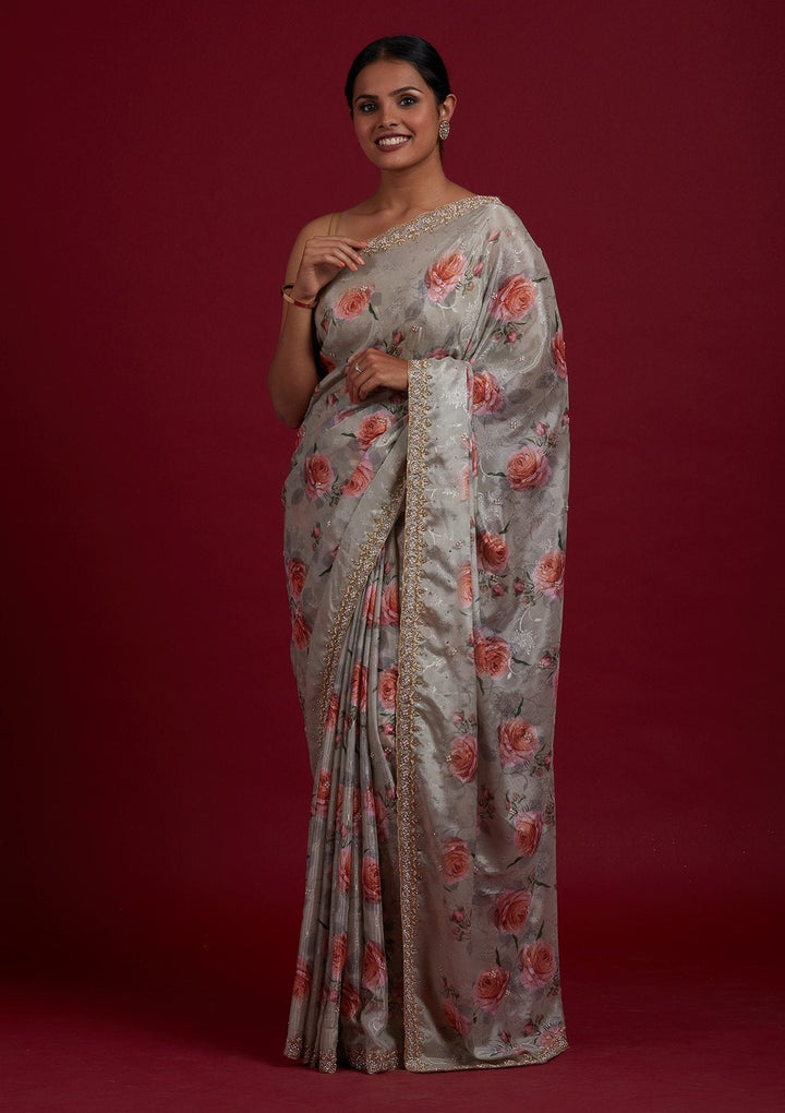 Pista Green Stonework Semi Crepe Designer Saree - Koskii